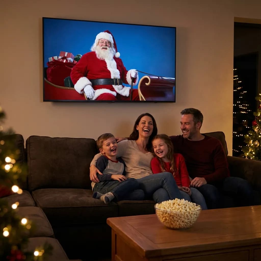 Family watching Santa on TV