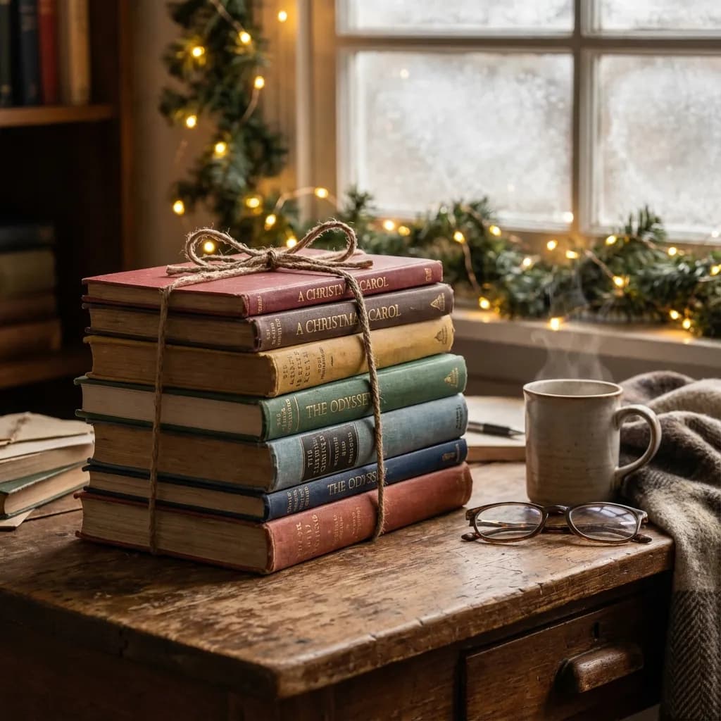 Stack of books tied with ribbon