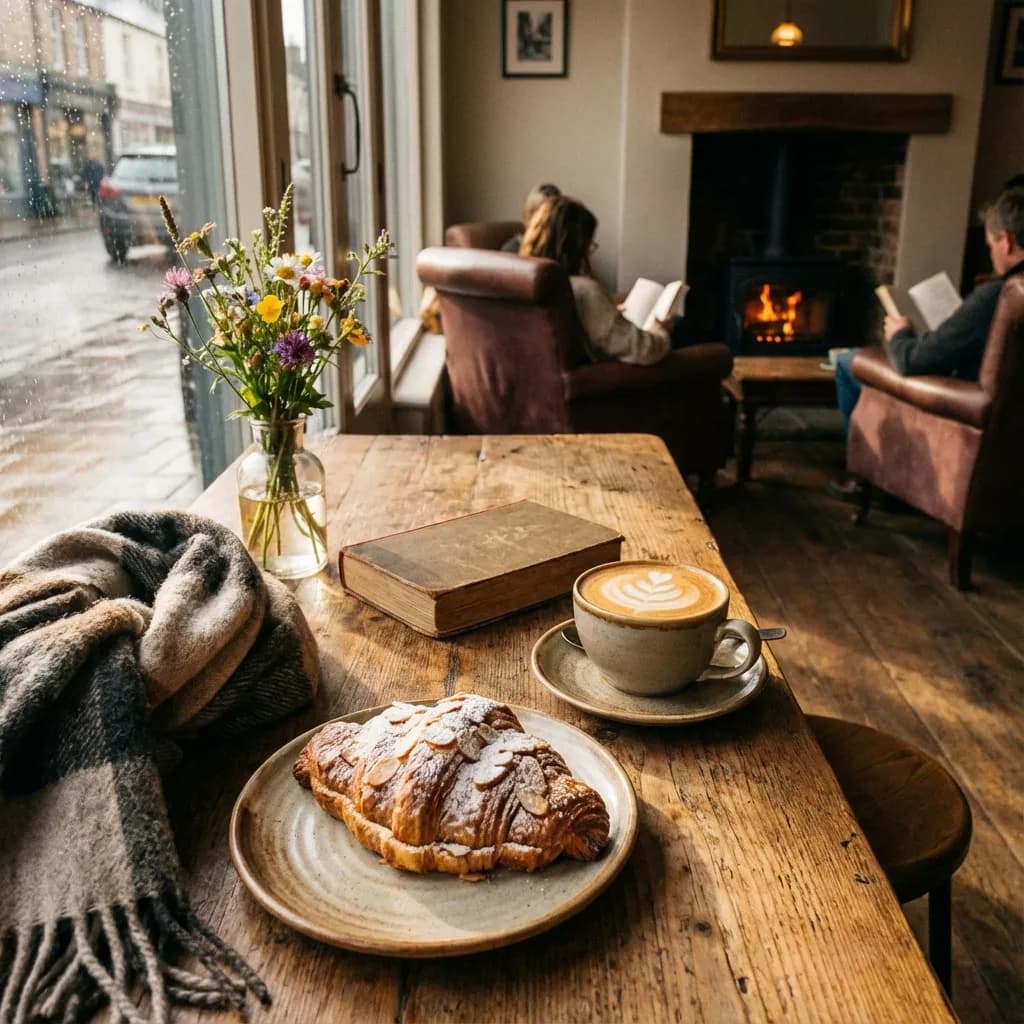 Cozy cafe table with cappuccino and pastry