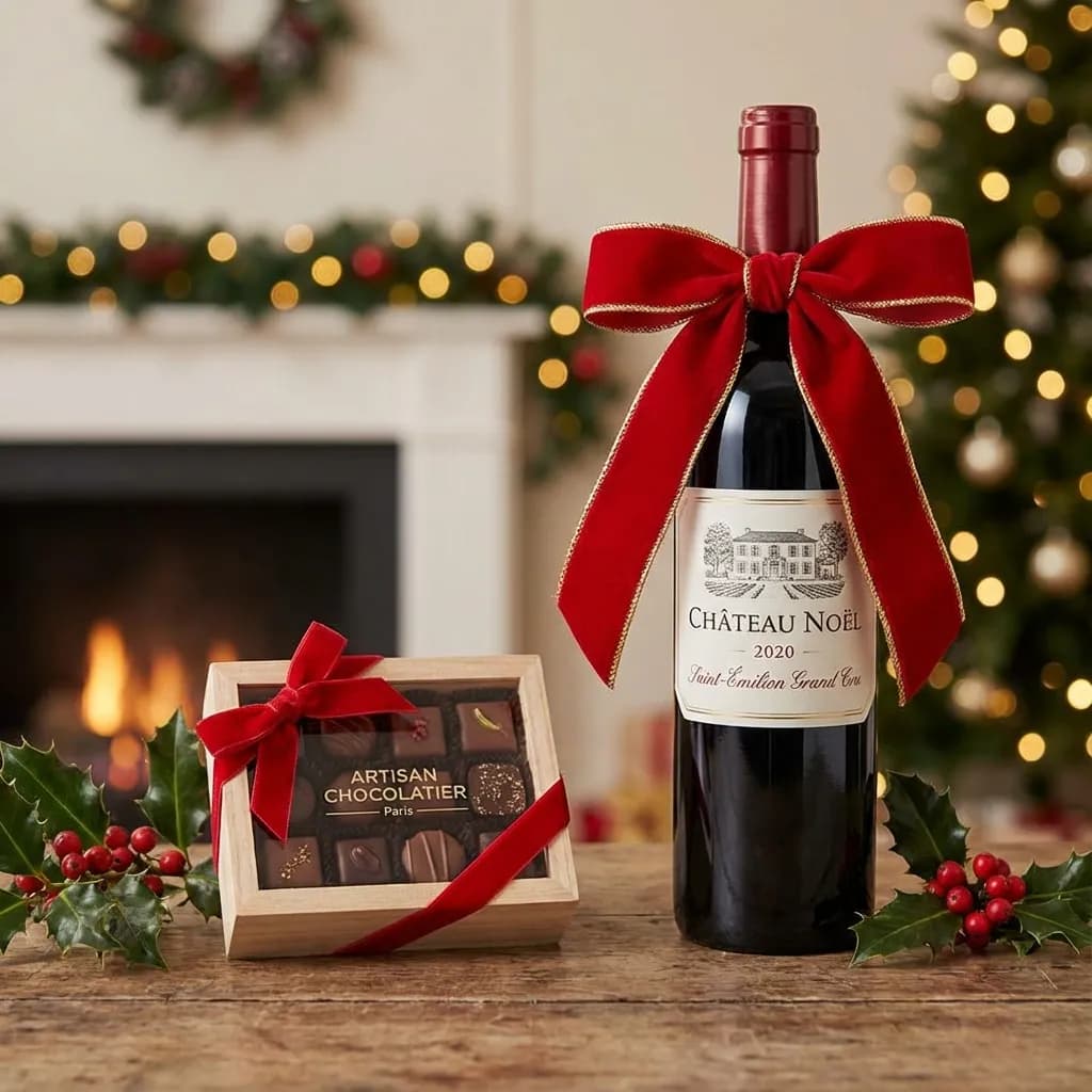Bottle of wine and gourmet chocolates