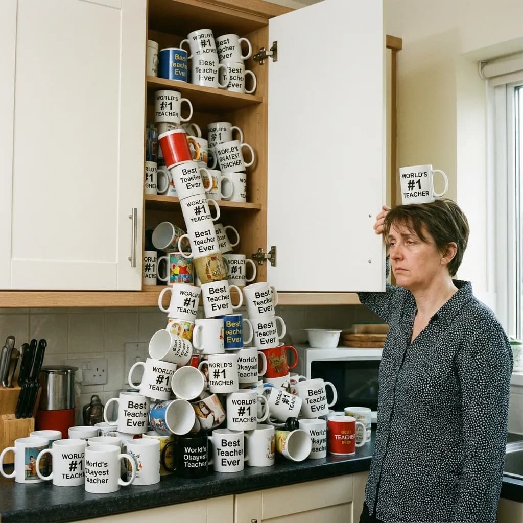 Overcrowded cupboard full of teacher mugs