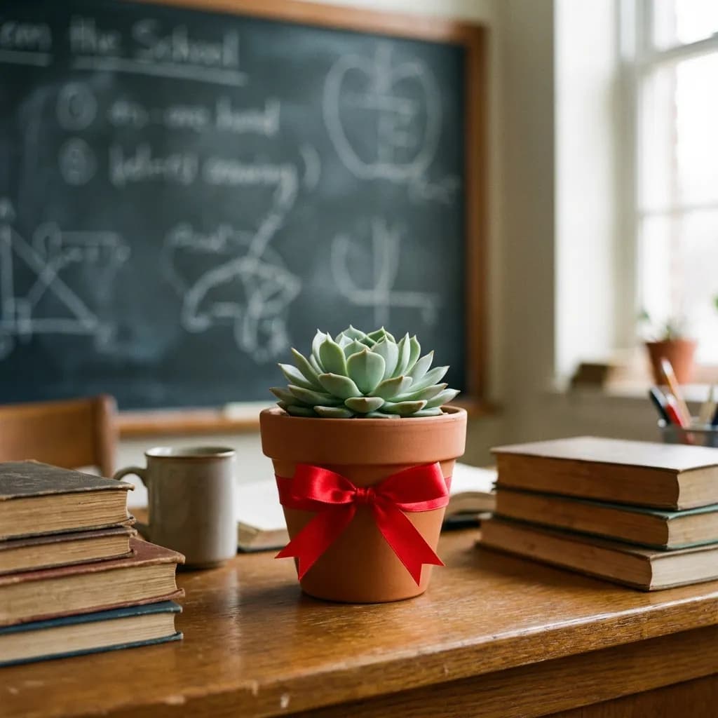 Small potted succulent with a red ribbon