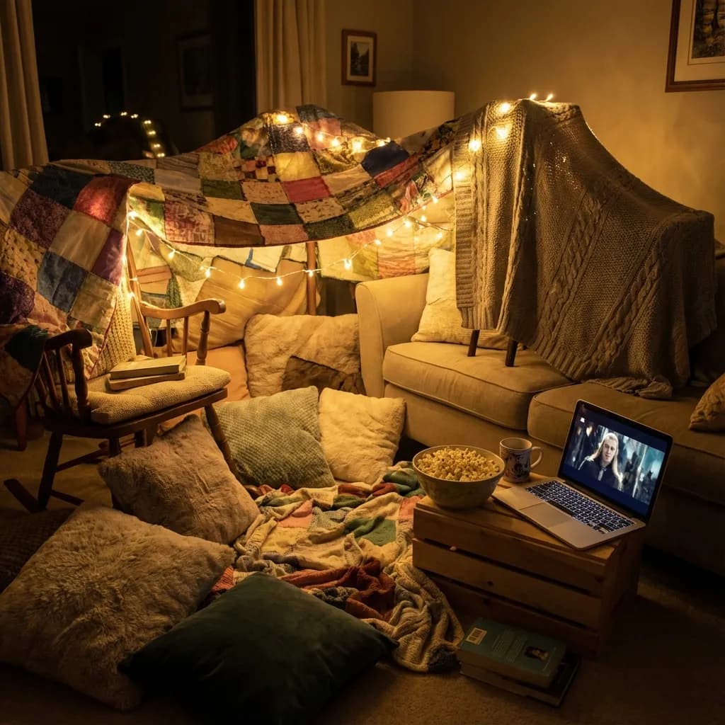 Cozy blanket fort with movie
