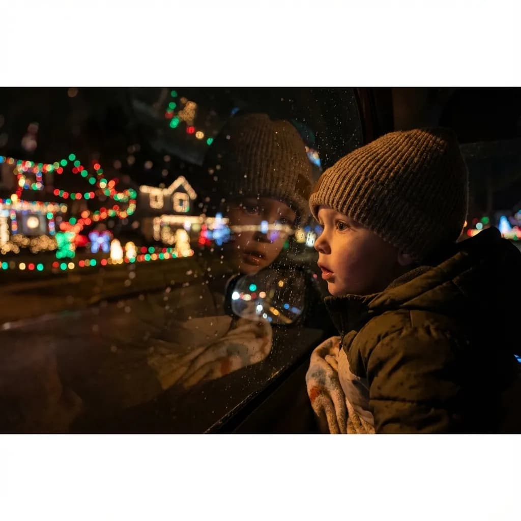 Looking at Christmas lights from inside a car