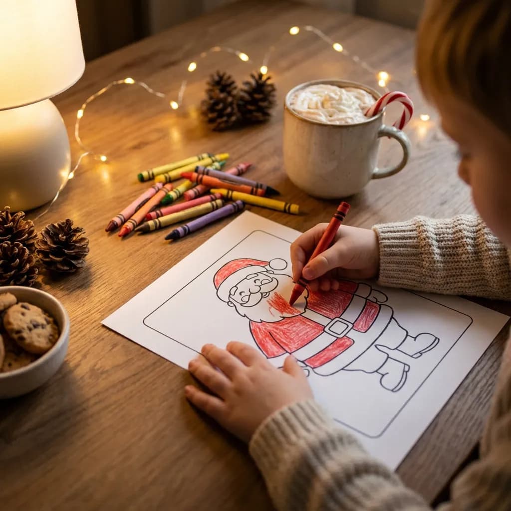 Child coloring a Santa page