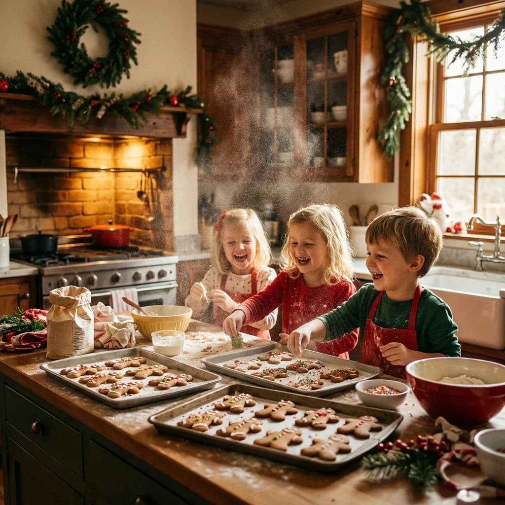 Messy kitchen with kids baking cookies