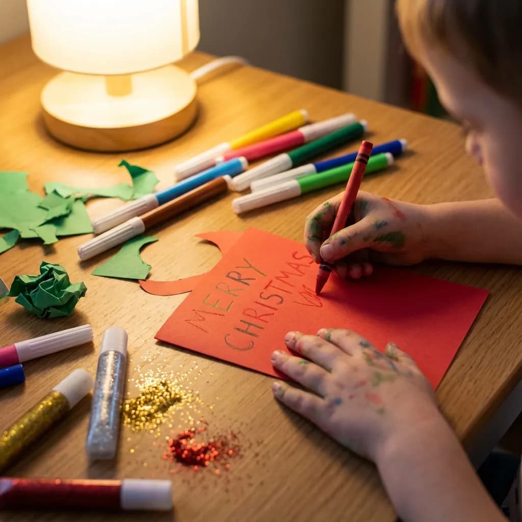 Kids crafting holiday cards with glitter