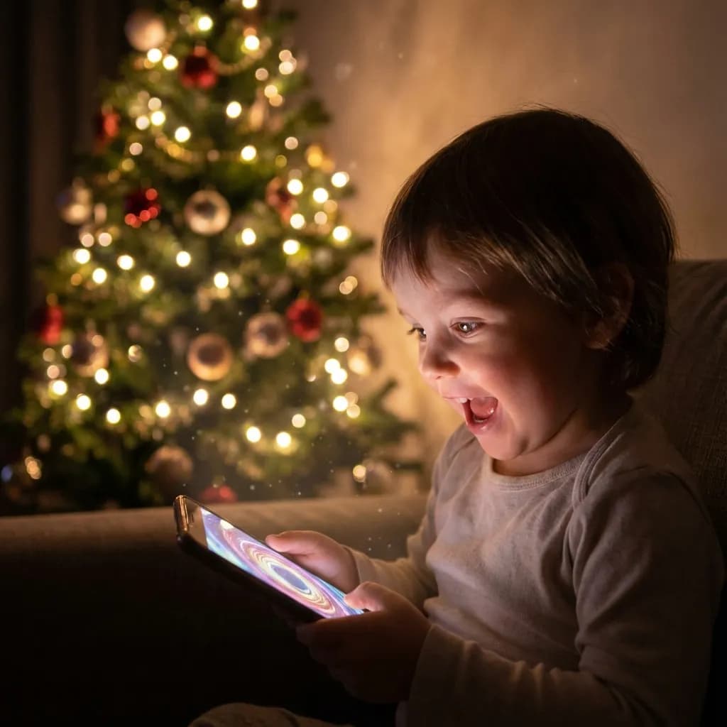 Child watching santa video on phone
