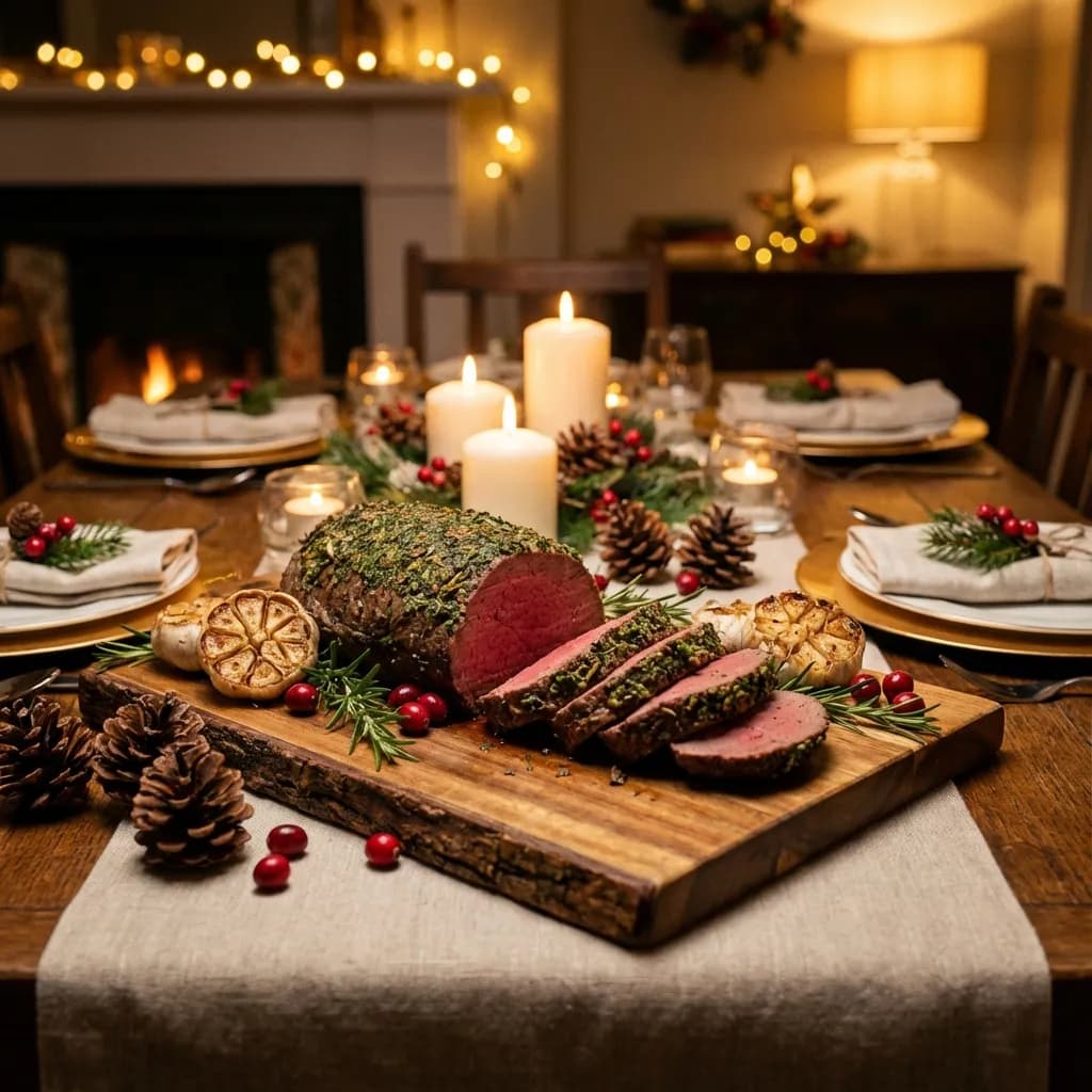 Herb-crusted beef tenderloin on a festive table