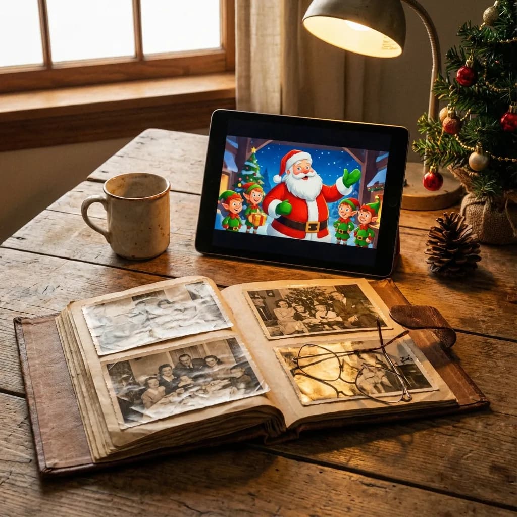 Old photo album next to tablet