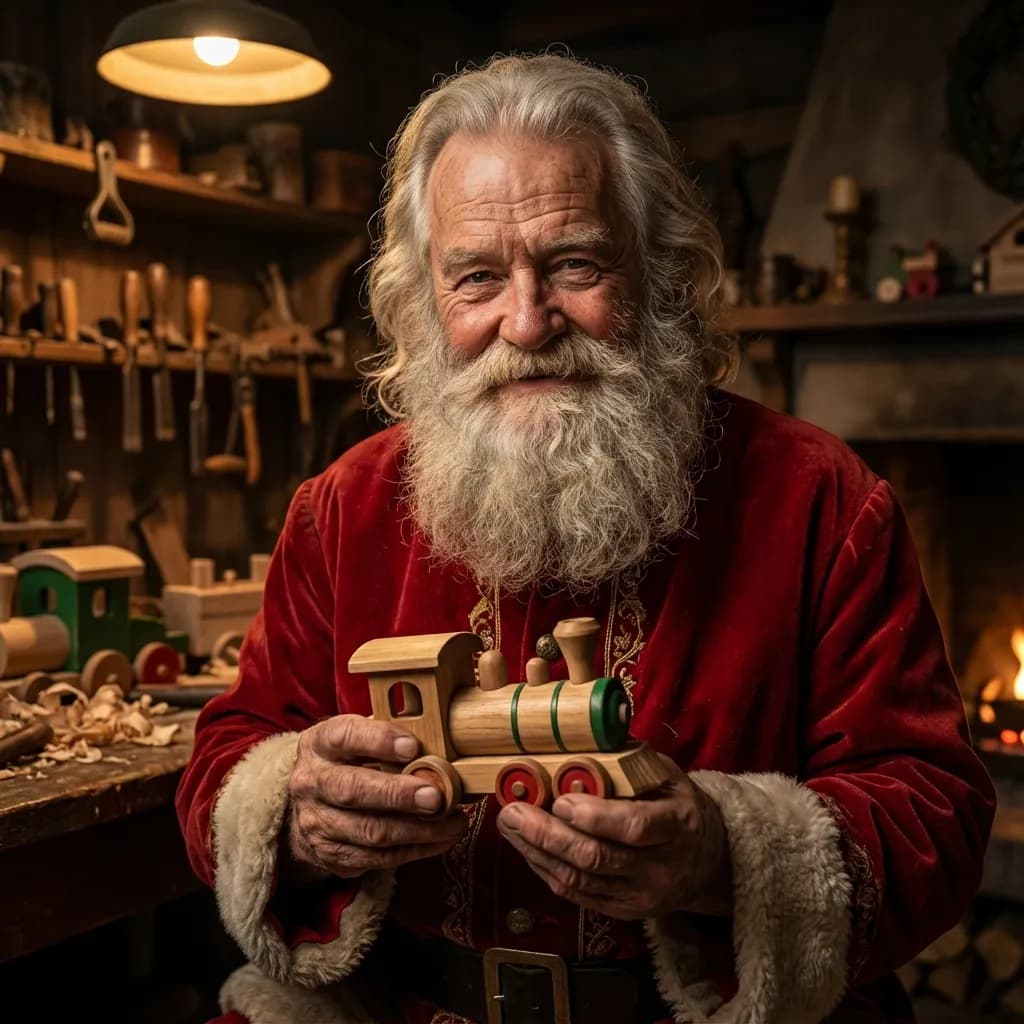 Santa holding a wooden toy train
